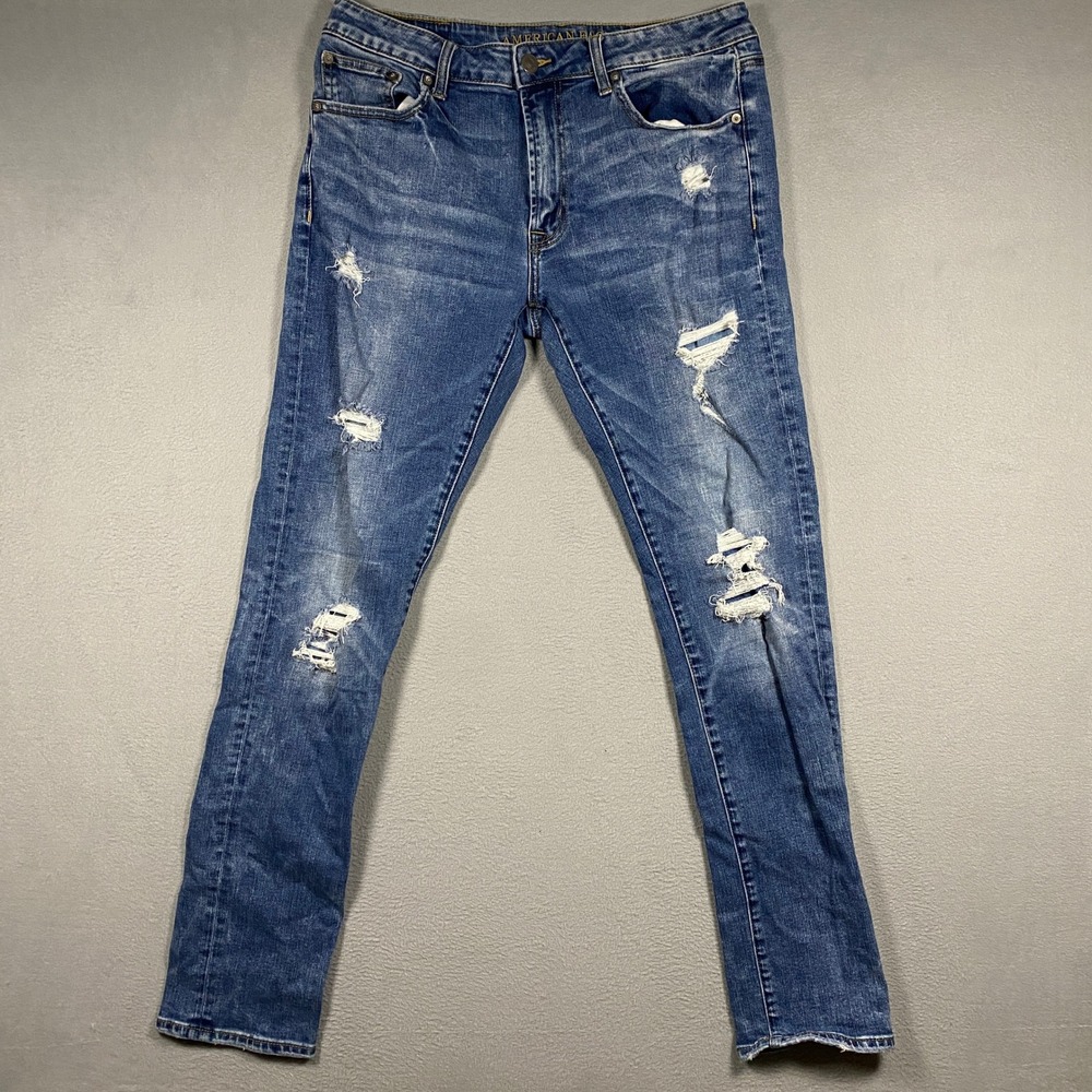 American Eagle Slim Jeans Mens 34x34 Blue Distressed Ripped Denim